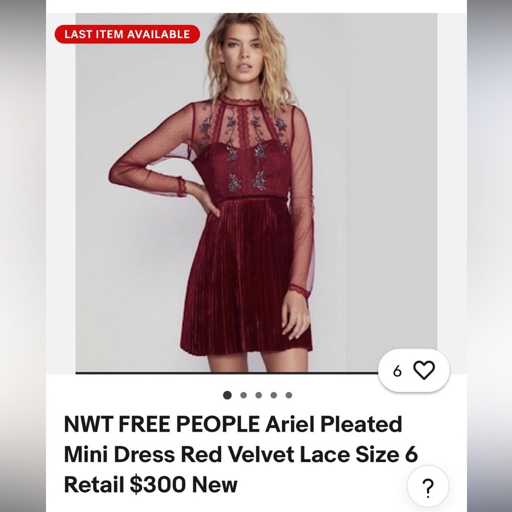 Lydia deetz inspired,free people sz 12 Ariel Pleated Mini Dress Red Velvet Lace